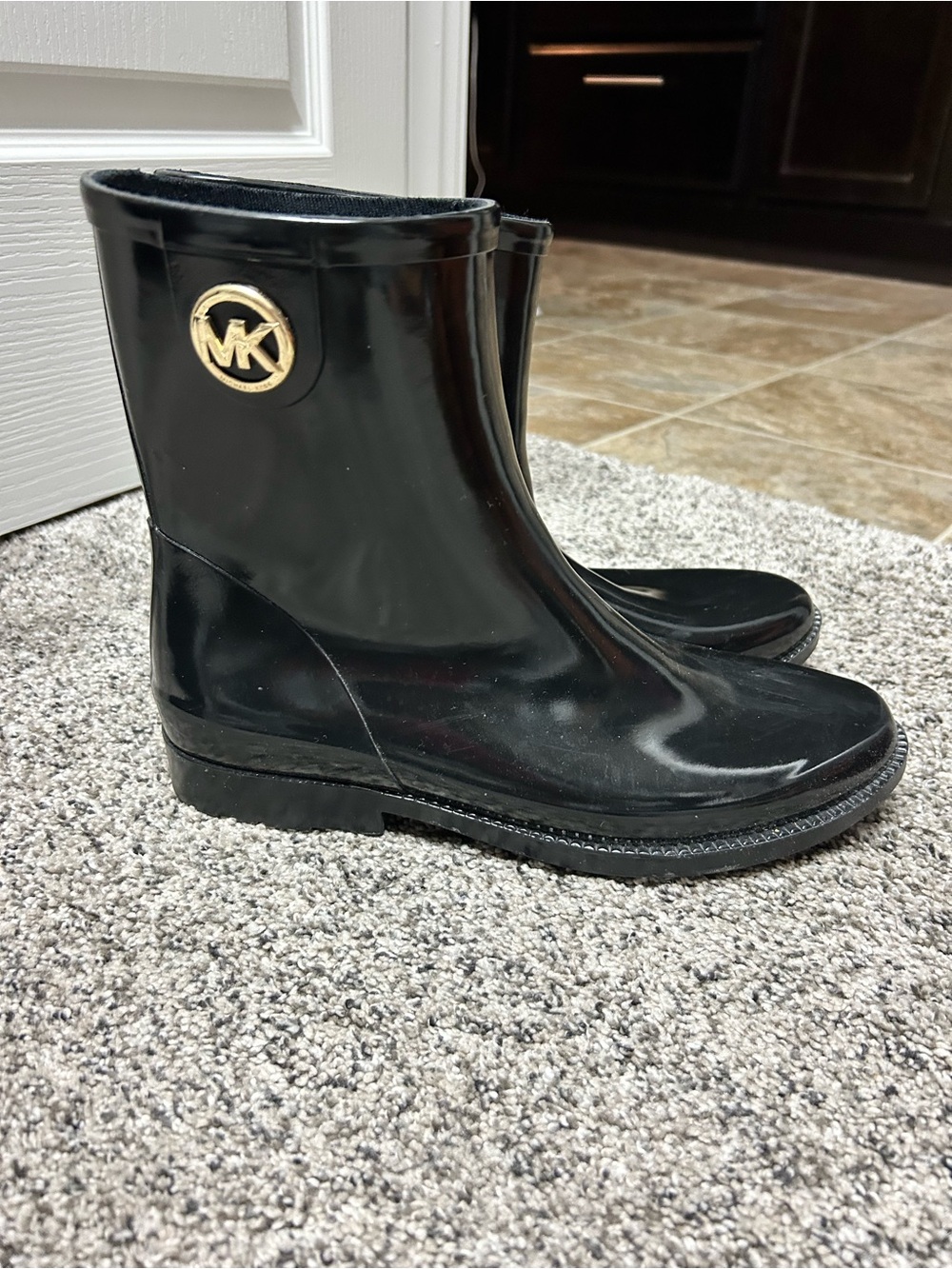 Michael Kors Black  Rain Boots with Gold MK Medallion